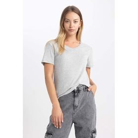 DeFacto B0647AX23SM Gri-GR210 Slim Fit Kısa Kollu Kadın T-shirt