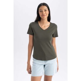 DeFacto B0647AX23SM Haki-KH211 Slim Fit Kısa Kollu Kadın T-shirt