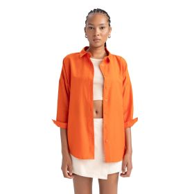 DeFacto B0659AX23SM Turuncu-OG40 Oversize Fit Gömlek Yaka Poplin Uzun Kollu Bayan Tunik