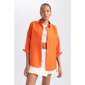 DeFacto B0659AX23SM Turuncu-OG40 Oversize Fit Gömlek Yaka Poplin Uzun Kollu Bayan Tunik