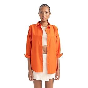 DeFacto B0659AX23SM Turuncu-OG40 Oversize Fit Gömlek Yaka Poplin Uzun Kollu Bayan Tunik