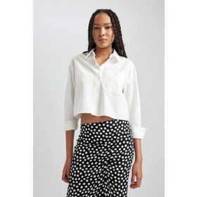 DeFacto B0873AX23AUWT32 Kadın Crop Top Gömlek Yaka Poplin Uzun Kollu %100 Pamuk Gömlek