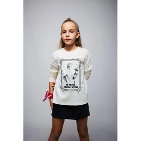 DeFacto B2427A823WN Ekru-ER99 29 Ekim Cumhuriyet Bayramı Atatürk Baskılı Bisiklet Yaka Penye Uzun Kollu Kız Çocuk T-shirt