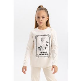 DeFacto B2427A823WN Ekru-ER99 29 Ekim Cumhuriyet Bayramı Atatürk Baskılı Bisiklet Yaka Penye Uzun Kollu Kız Çocuk T-shirt
