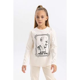 DeFacto B2427A823WN Ekru-ER99 29 Ekim Cumhuriyet Bayramı Atatürk Baskılı Bisiklet Yaka Penye Uzun Kollu Kız Çocuk T-shirt