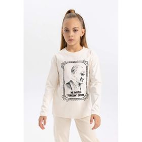 DeFacto B2427A823WN Ekru-ER99 29 Ekim Cumhuriyet Bayramı Atatürk Baskılı Bisiklet Yaka Penye Uzun Kollu Kız Çocuk T-shirt