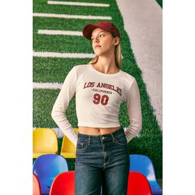 DeFacto B2591AX23AU Beyaz-WT32 Fitted Bisiklet Yaka Baskılı Uzun Kollu Bayan T-shirt