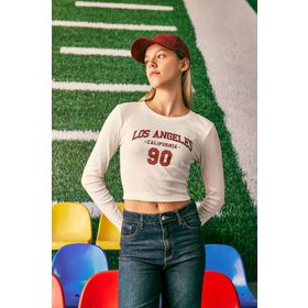 DeFacto B2591AX23AU Beyaz-WT32 Fitted Bisiklet Yaka Baskılı Uzun Kollu Bayan T-shirt