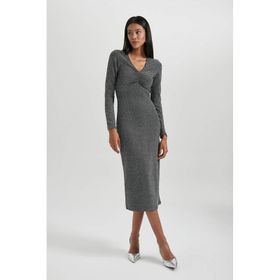 DeFacto B4699AX23WN Gri-GR452 Bodycon V Yaka Payetli Kumaş Midi Uzun Kollu Uzun Kollu Kadın Elbise