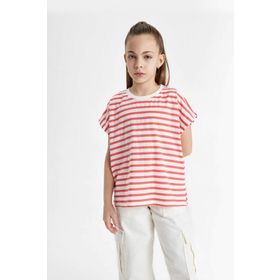 DeFacto B6697A8 Kız Çocuk Oversize Fit Jersey Çizgili Kısa Kollu Tişört