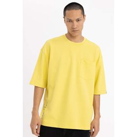 DeFacto B8126AX23CW Sarı-YL15 Loose Fit Bisiklet Yaka Baskılı Erkek T-shirt
