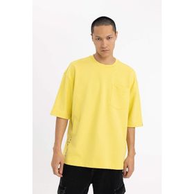 DeFacto B8126AX23CW Sarı-YL15 Loose Fit Bisiklet Yaka Baskılı Erkek T-shirt