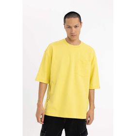 DeFacto B8126AX23CW Sarı-YL15 Loose Fit Bisiklet Yaka Baskılı Erkek T-shirt