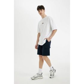 DeFacto B8796AX24SM - Lacivert-NV239 Erkek Regular Fit Düz Paça Beli Bağcıklı Kargo Cepli Basic Düz Şort