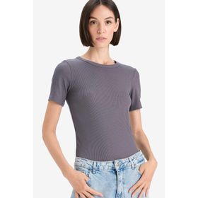 DeFacto C0097AX25AU GR448 Gri Slim Fit Bisiklet Yaka Basic Düz Fitilli Kaşkorse Kısa Kollu Kadın Tişört