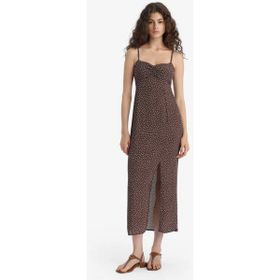 DeFacto C0960AX25SM Kahve Bodycon Vücudu Saran Kalp Yaka Puantiyeli Maroken Askılı Midi Elbise