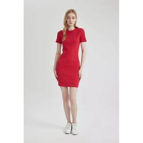 DeFacto C1503 Kırmızı Coool Bodycon Vücudu Saran Bisiklet Yaka Fitilli Kaşkorse Kısa Kollu Mini Elbise