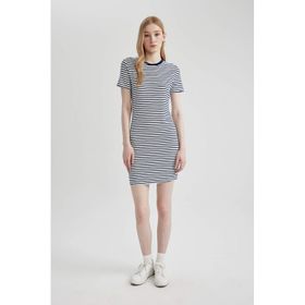 Defacto C1733AX24SPBE325 Bodycon Fitilli Kaşkorse Çizgili Kısa Kollu Mini Elbise