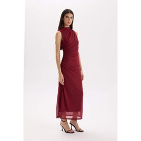 DeFacto C3519AX24AU Bordo BR248 Bodycon Vücudu Saran Yarım Balıkçı Yaka Basic Tül Maxi Abiye Elbise