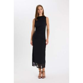 DeFacto C3519AX24AU Siyah BK81 Bodycon Vücudu Saran Yarım Balıkçı Yaka Basic Düz Tül Kolsuz Maxi Abiye Elbise