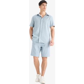 DeFacto C7381AX25SM Mavi-BE524 Erkek Pamuk Relax Fit Cepli Keten Görünümlü Bermuda Şort