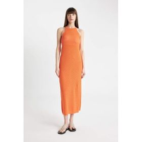DeFacto D2820AX24HS Turuncu-OG257 Kadın Regular Fit Halter Yaka Triko Midi Elbise