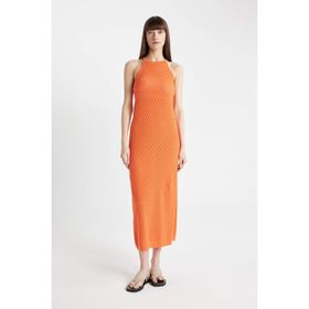 DeFacto D2820AX24HS Turuncu-OG257 Kadın Regular Fit Halter Yaka Triko Midi Elbise