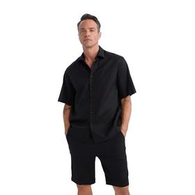 DeFacto D9451AX25SP Siyah-BK27 Erkek Regular Fit Beli Bağcıklı Dokulu Bermuda Şort
