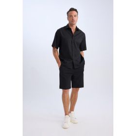 DeFacto D9451AX25SP Siyah-BK27 Erkek Regular Fit Beli Bağcıklı Dokulu Bermuda Şort