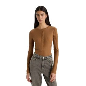 DeFacto D9555AX24WN BN529 Kahverengi Slim Fit Bisiklet Yaka Fitilli Kaşkorse Uzun Kollu Kadın Tişört