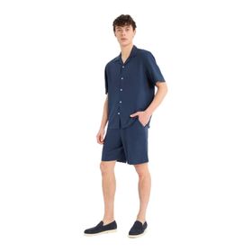 DeFacto D9913AX25AU Lacivert-NV256 Erkek Relax Fit Beli Bağcıklı Keten Karışımlı Bermuda Şort
