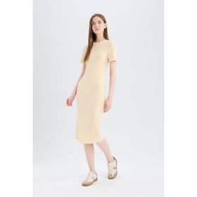 DeFacto E6926AX25SP Bodycon Vücudu Saran Bisiklet Yaka Fitilli Kaşkorse Kısa Kollu Sarı Midi Elbise