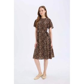 DeFacto E7113AX25SPBG150 Regular Fit Bisiklet Yaka Leopar Desenli Kuşaklı Kısa Kollu Midi Elbise