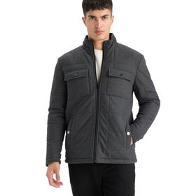 DeFacto E7888AX25AU Antrasit-AR167 Erkek Slim Fit Dar Kesim Dik Yaka Astarlı Fermuarlı Cepli Kışlık Şişme Penye Mont