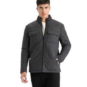DeFacto E7888AX25AU Antrasit-AR167 Erkek Slim Fit Dar Kesim Dik Yaka Astarlı Fermuarlı Cepli Kışlık Şişme Penye Mont