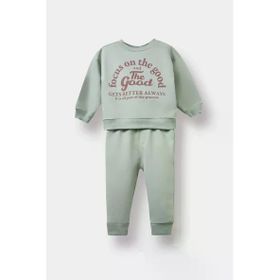 DeFacto E9261A5KH434 Haki Baskılı Sweatshirt Beli Lastikli Eşofman Altı 2'li Erkek Bebek Takım