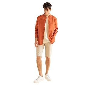 DeFacto Erkek Modern Fit Hakim Yaka Uzun Kollu Keten Karışımlı Gömlek, Turuncu, XS Gömlek