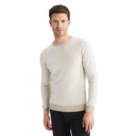 DeFacto Erkek Slim Fit Bisiklet Yaka Yamalı Kol Detaylı Triko Kazak, Taş Rengi , 3XL Kazak
