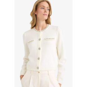 DeFacto F3896AX25WN GR76 Regular Fit Bisiklet Yaka İşlemeli Triko Kadın Hırka