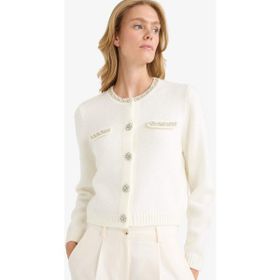 DeFacto F3896AX25WN GR76 Regular Fit Bisiklet Yaka İşlemeli Triko Kadın Hırka