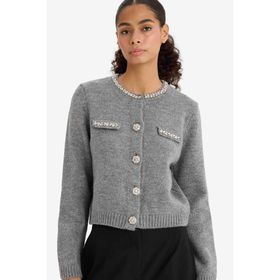 DeFacto F3896AX25WN GR76 Regular Fit Bisiklet Yaka İşlemeli Triko Kadın Hırka