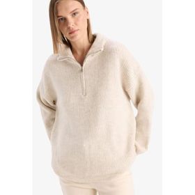 Defacto F3897AX25WN BG705 Bej Relax Fit Yarım Fermuarlı Triko Kadın Kazak