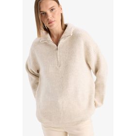 Defacto F3897AX25WN BG705 Bej Relax Fit Yarım Fermuarlı Triko Kadın Kazak