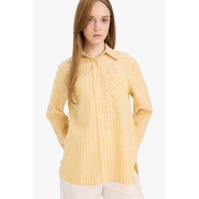 DeFacto F6314AX25SM YL508 Sarı Kadın Pamuk Relax Fit Çizgili Flamlı Gömlek Tunik