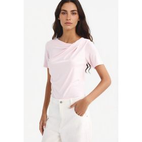 DeFacto F8008AX25AU PN648 Pembe Slim Fit Kayık Yaka Kısa Kollu Kadın Tişört