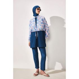 DeFacto G7443AX26HS Regular Fit Çiçekli 4'lü Burkini Mavi Kadın Tesettür Mayo