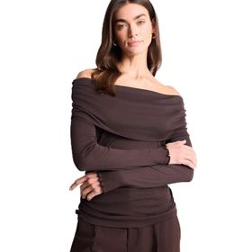 DeFacto G8072AX26SP BN267 Kahve Slim Fit Omzu Açık Ribana Uzun Kollu Kadın Tişört