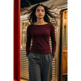 DeFacto G8088AX26SP BR467 Bordo Slim Fit Kayık Yaka Ribana Kadın Tişört