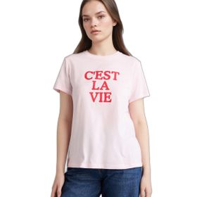 DeFacto H1922AX26SM PN671 Pembe Slogan Baskılı Penye Kısa Kollu Kadın Tişört
