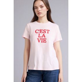 DeFacto H1922AX26SM PN671 Pembe Slogan Baskılı Penye Kısa Kollu Kadın Tişört
